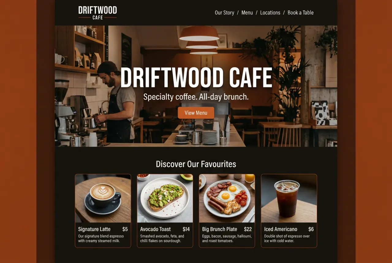 Driftwood Cafe demo website mock-up by Still Digital Gold Coast