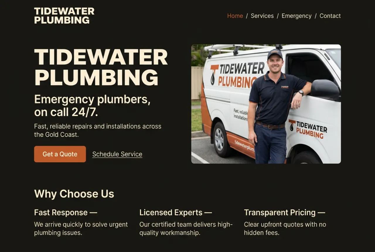 Tidewater Plumbing demo website mock-up by Still Digital Gold Coast